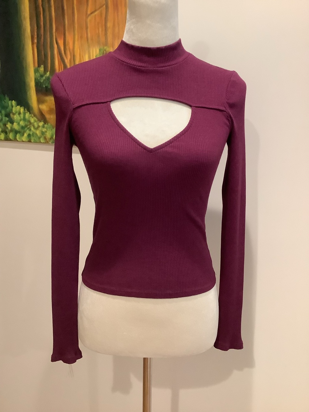 Express Plum Ribbed Long-Sleeve Mock Neck Top with Chest Cutout Size S